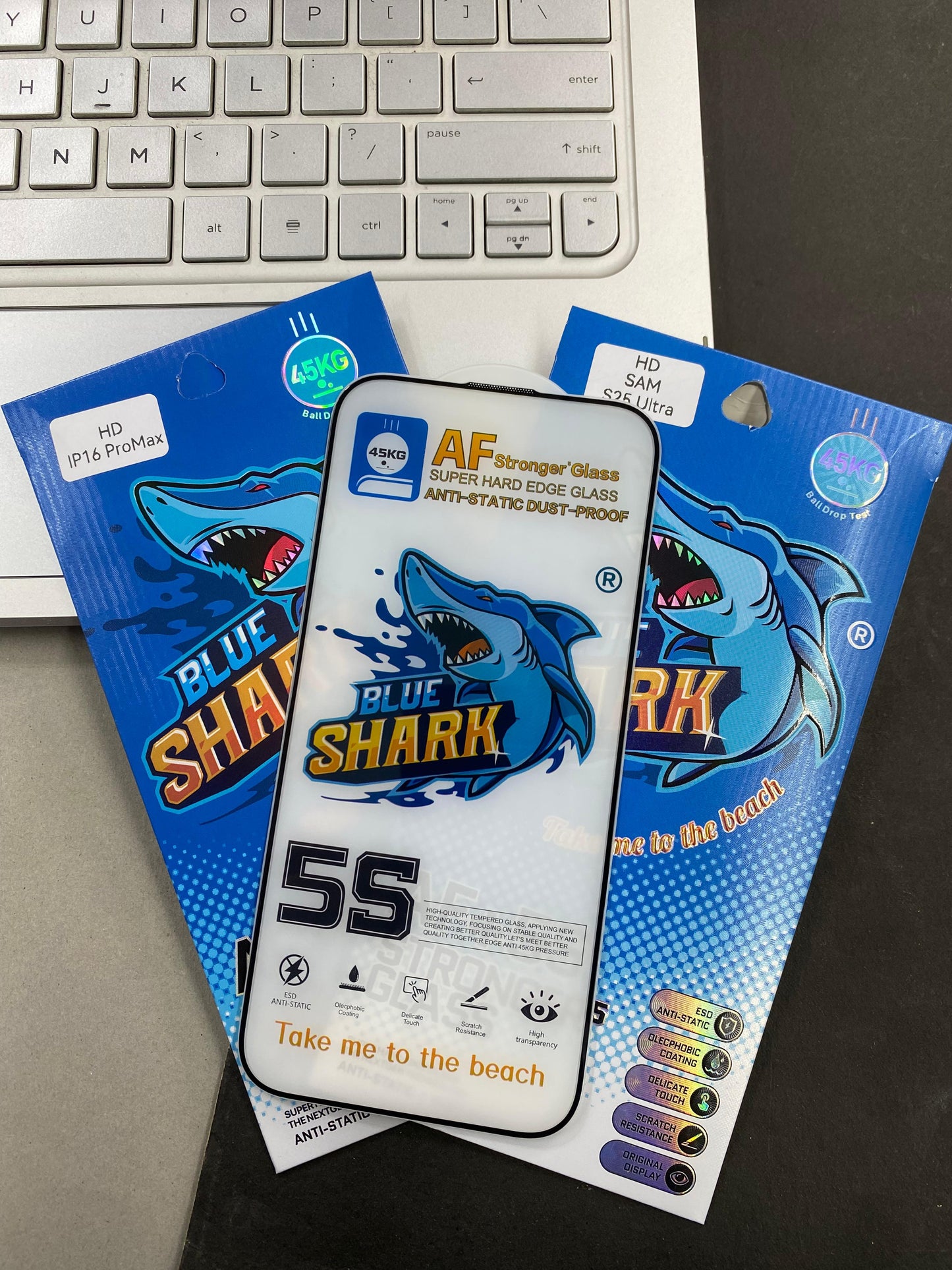 S25 ULTRA 16 PRO MAX BLUE SHARK ESD Anti-Static", "Oleophobic Coating", "Delicate Touch", "Scratch Resistance", and "Original Display