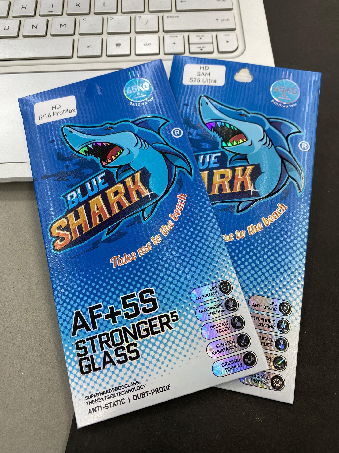 S25 ULTRA 16 PRO MAX BLUE SHARK ESD Anti-Static", "Oleophobic Coating", "Delicate Touch", "Scratch Resistance", and "Original Display