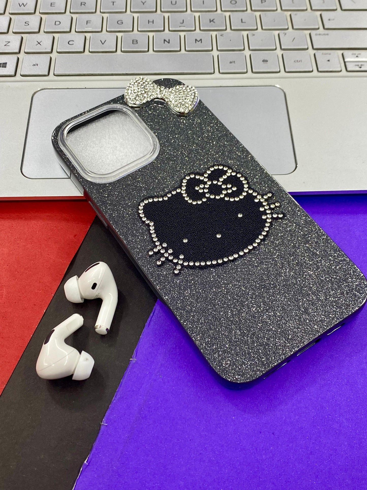 7 plus to 16 pro max iPhone case with Hello Kitty design - Black and sparkly material